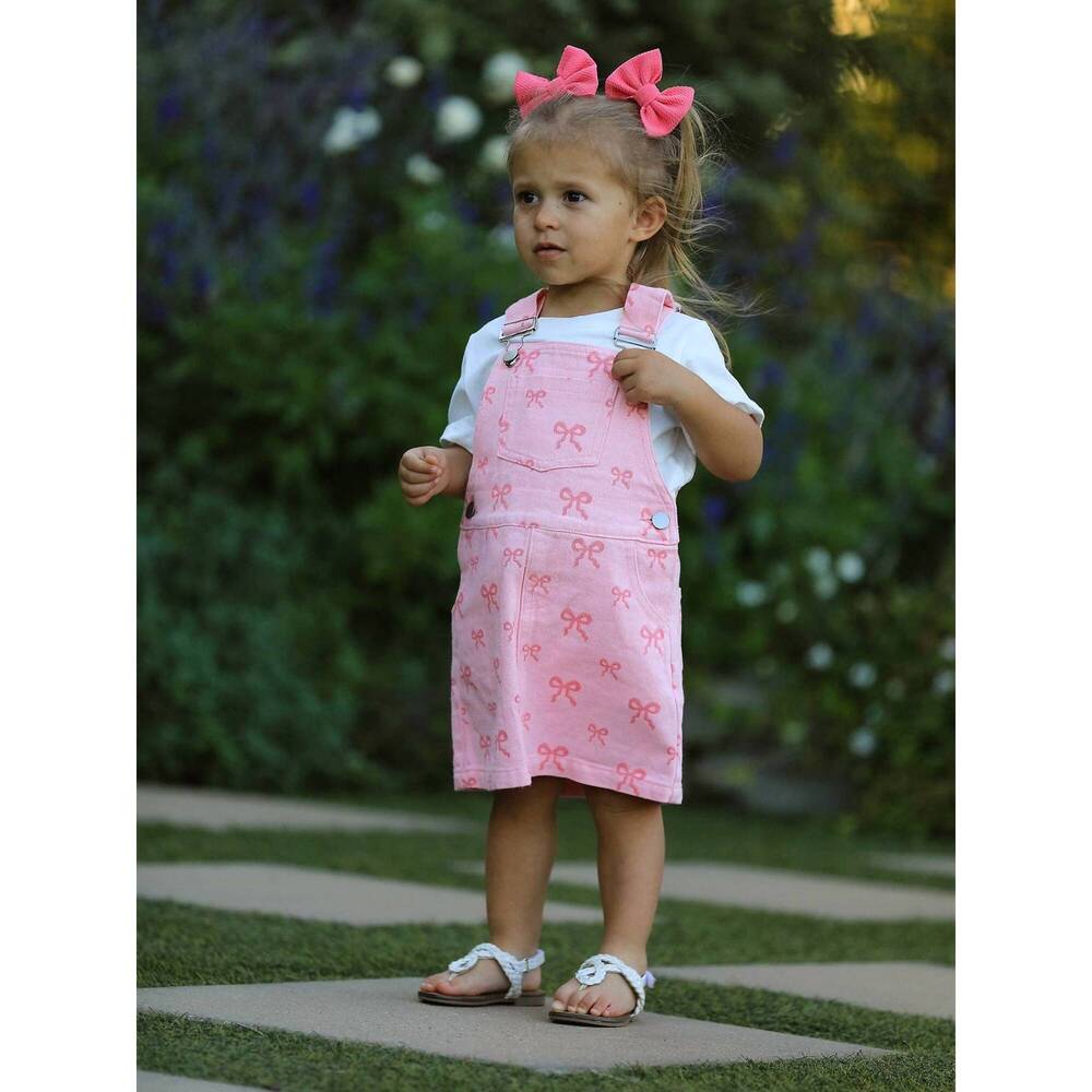 NEW RYLEE FAITH DESIGNS bow denim overall dress in pink